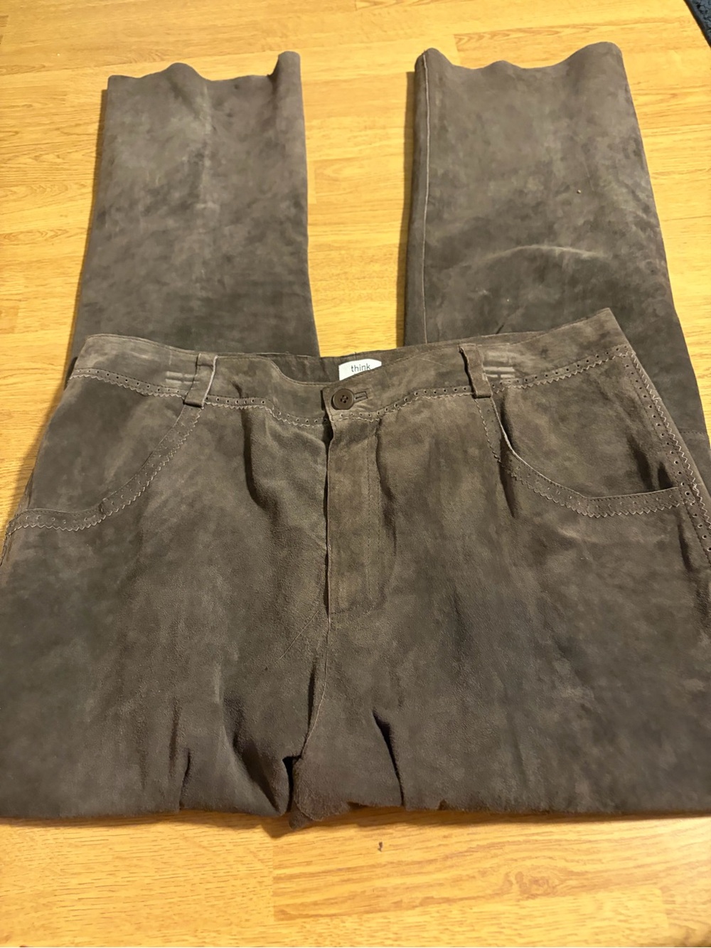 Think Tank Women's Brown Suede Pants- size 12 (18W, 12.5 R, 32 L) raw hem